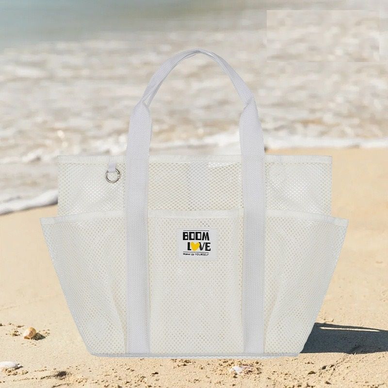 White Large Capacity Mesh Beach Tote Bag - Breathable Polyester Swim Bag with