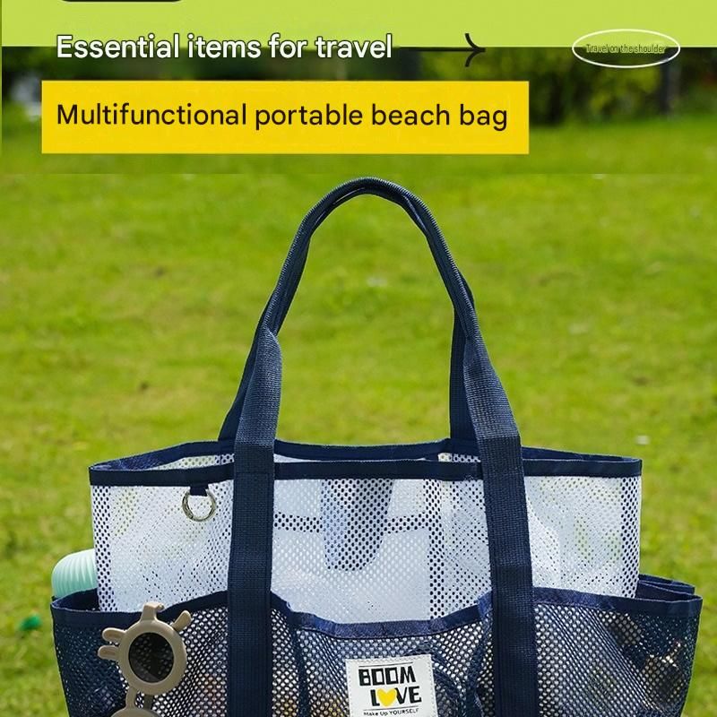 White Large Capacity Mesh Beach Tote Bag - Breathable Polyester Swim Bag with view 2