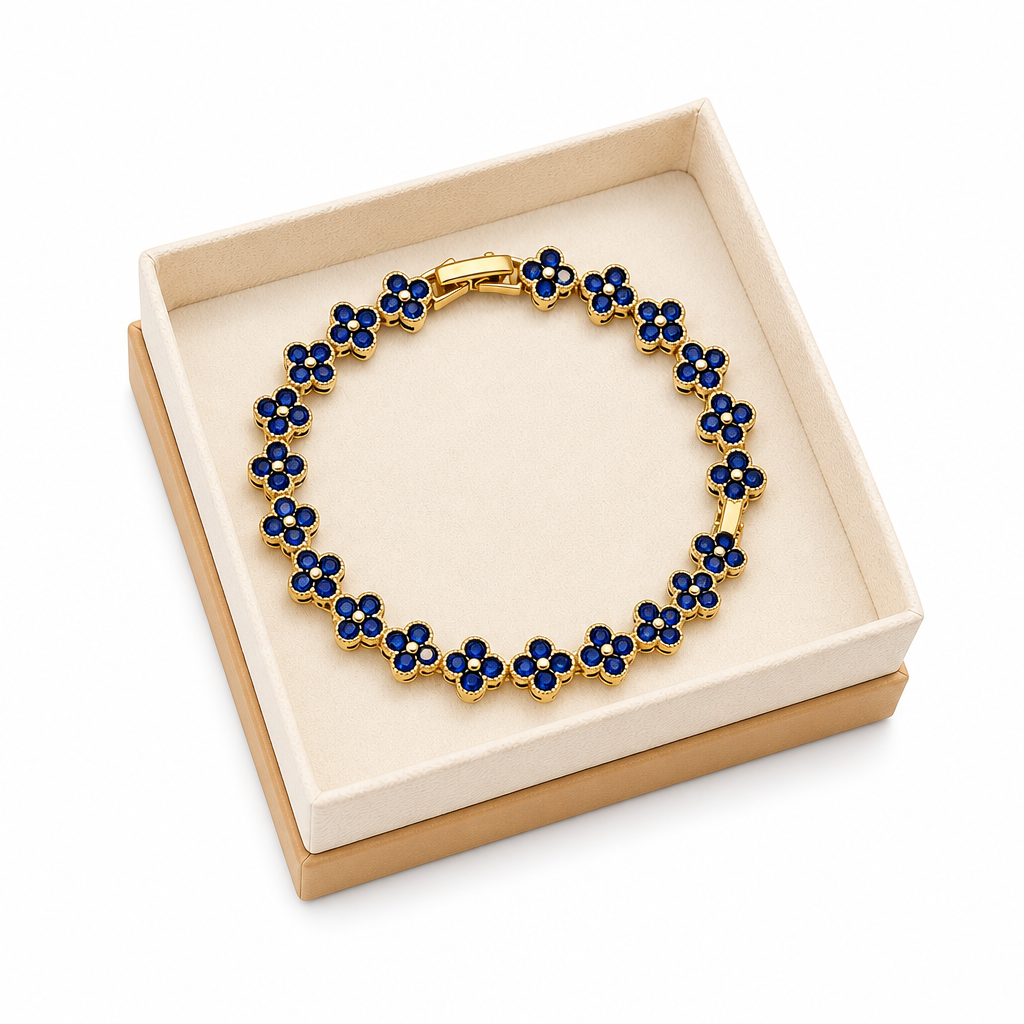 Gold and Blue Four-Leaf Clover Zircon Bracelet - Gold-Tone Alloy Lucky Charm