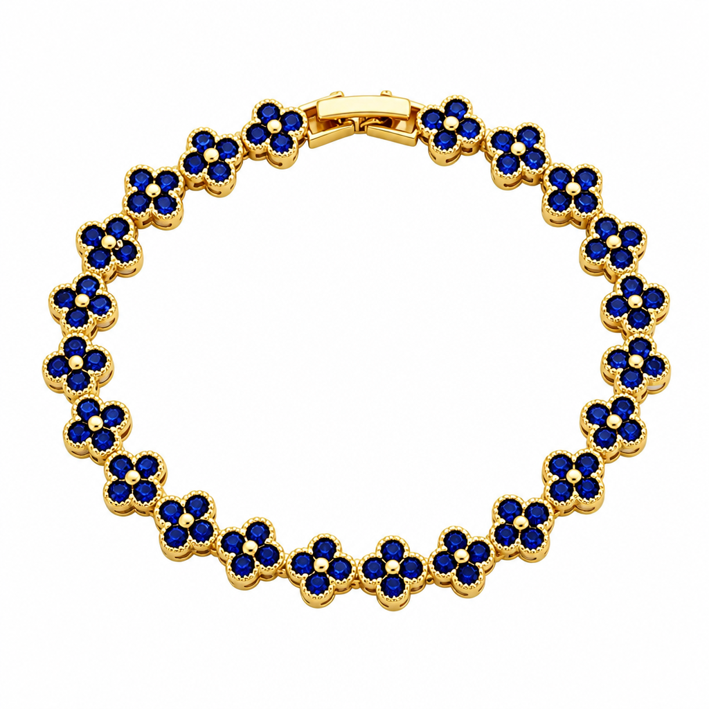 Gold and Blue Four-Leaf Clover Zircon Bracelet - Gold-Tone Alloy Lucky Charm view 2