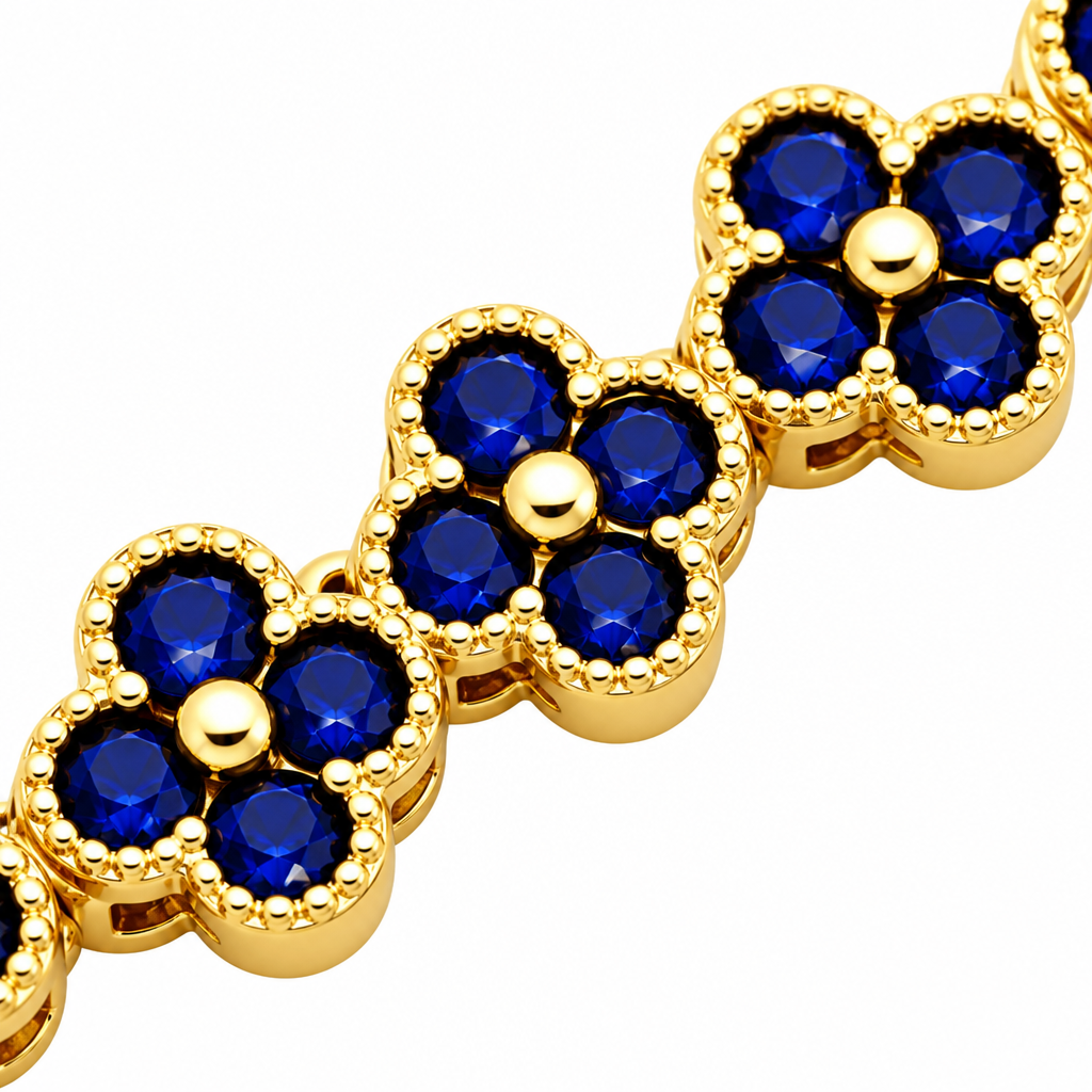 Gold and Blue Four-Leaf Clover Zircon Bracelet - Gold-Tone Alloy Lucky Charm view 4
