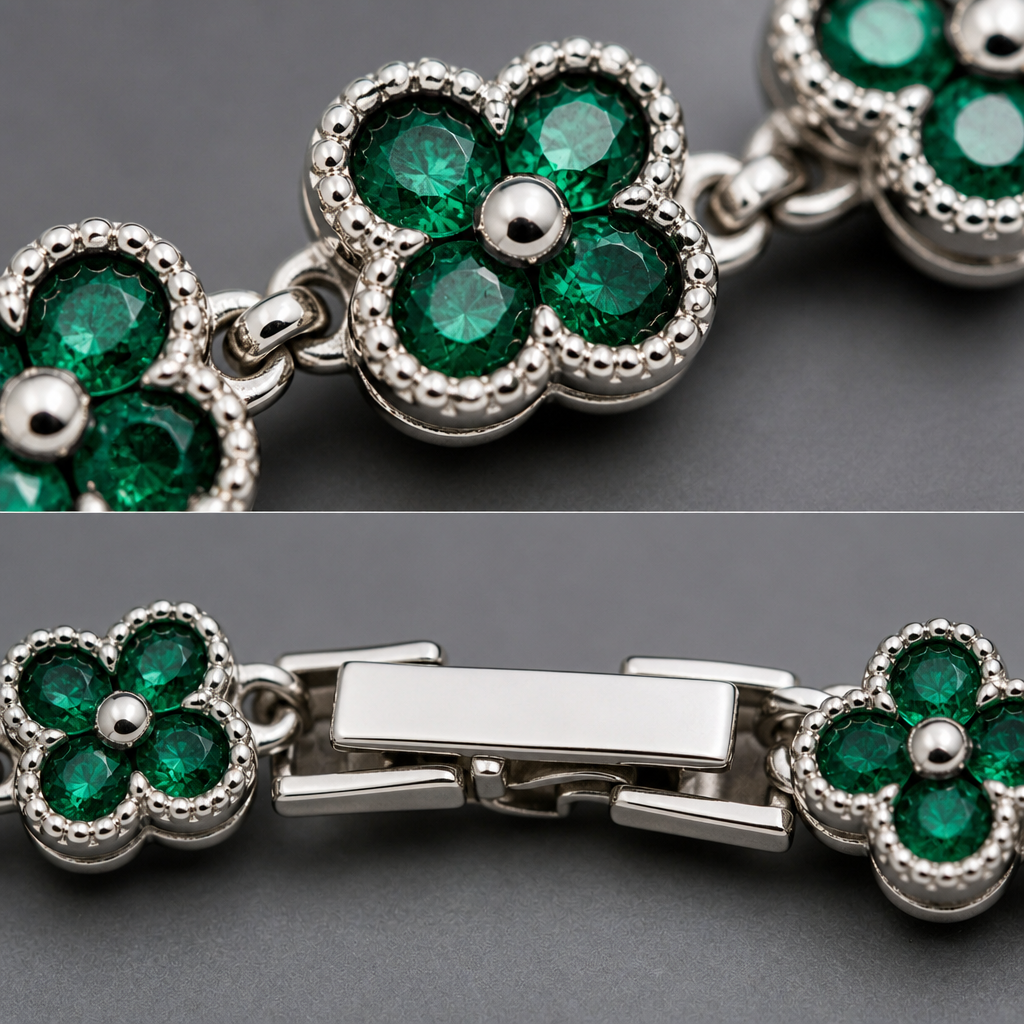 Silver and Green Four-Leaf Clover Zircon Bracelet - Gold-Tone Alloy Lucky view 4