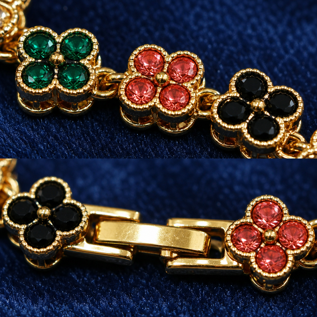 Gold and Color Four-Leaf Clover Zircon Bracelet - Gold-Tone Alloy Lucky Charm view 4