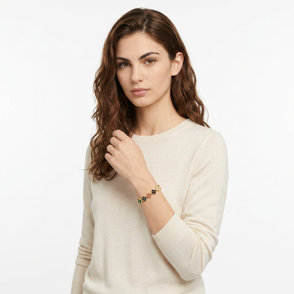 Gold and Color Four-Leaf Clover Zircon Bracelet - Gold-Tone Alloy Lucky Charm view 5