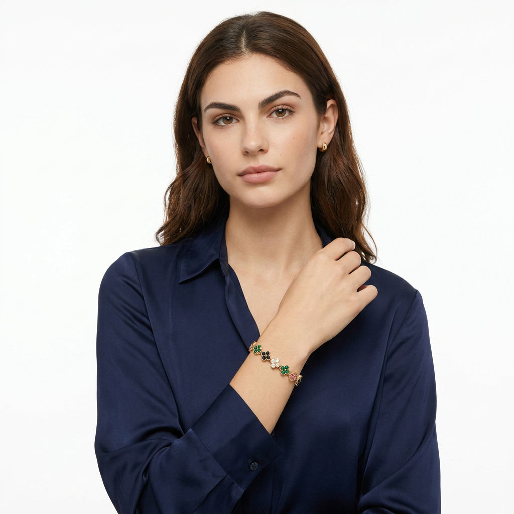 Gold and Color Four-Leaf Clover Zircon Bracelet - Gold-Tone Alloy Lucky Charm view 6