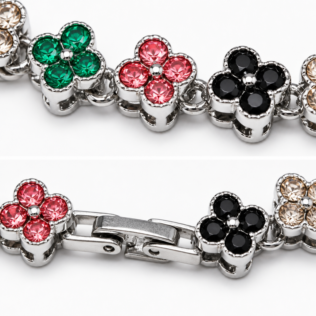 Silver and Color Four-Leaf Clover Zircon Bracelet - Gold-Tone Alloy Lucky view 4
