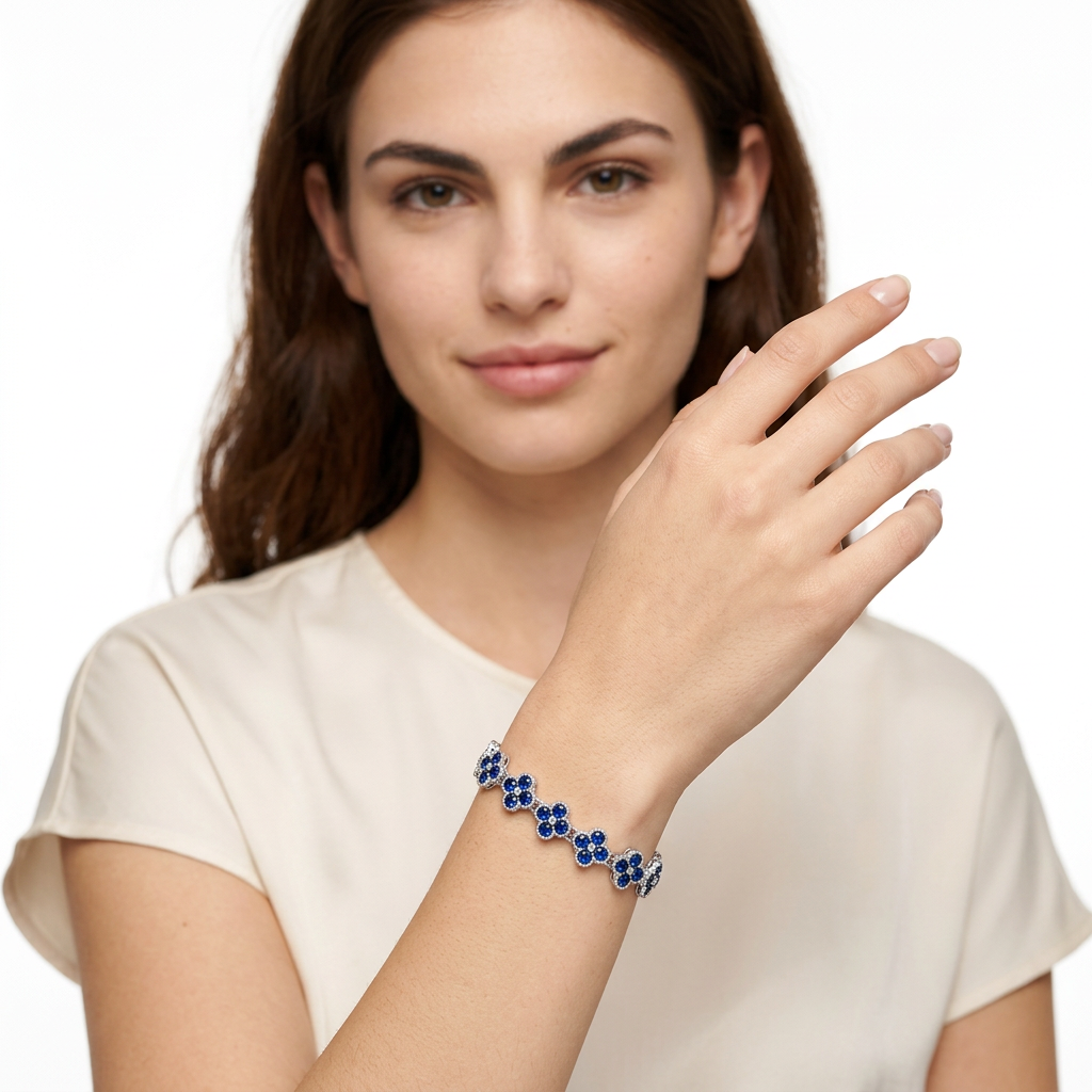 Silver and Blue Four-Leaf Clover Zircon Bracelet - Gold-Tone Alloy Lucky Charm view 6