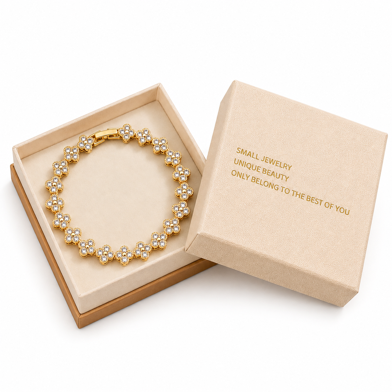 Gold and White Four-Leaf Clover Zircon Bracelet - Gold-Tone Alloy Lucky Charm