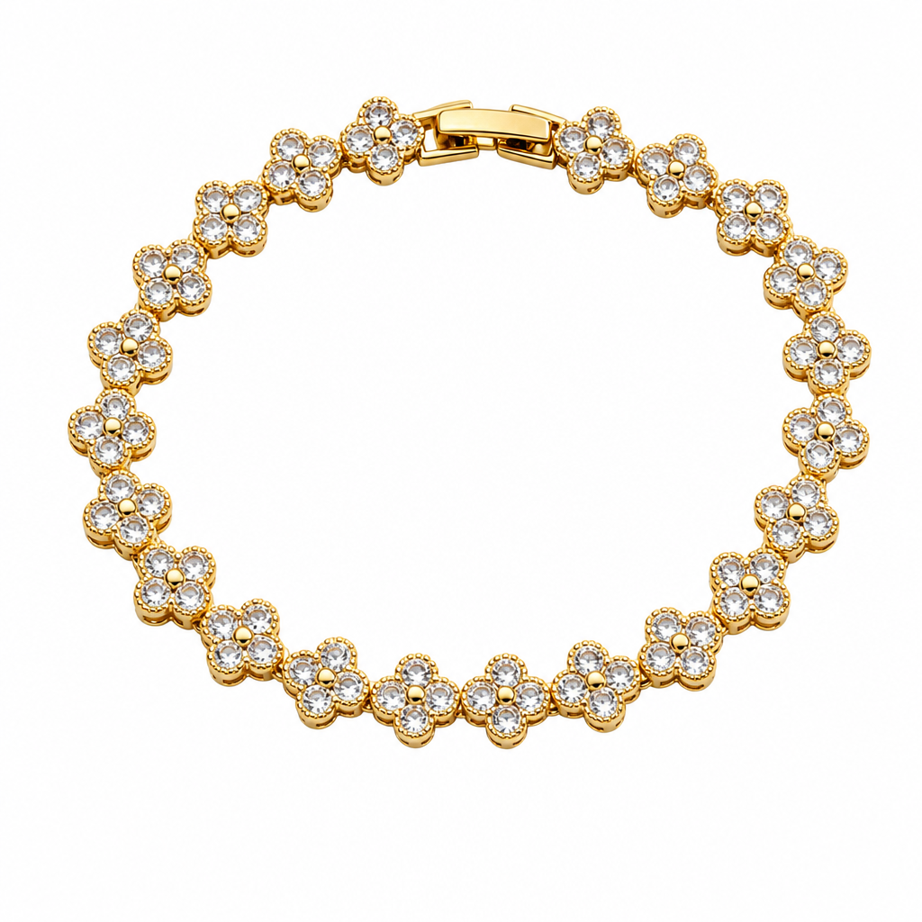 Gold and White Four-Leaf Clover Zircon Bracelet - Gold-Tone Alloy Lucky Charm view 2