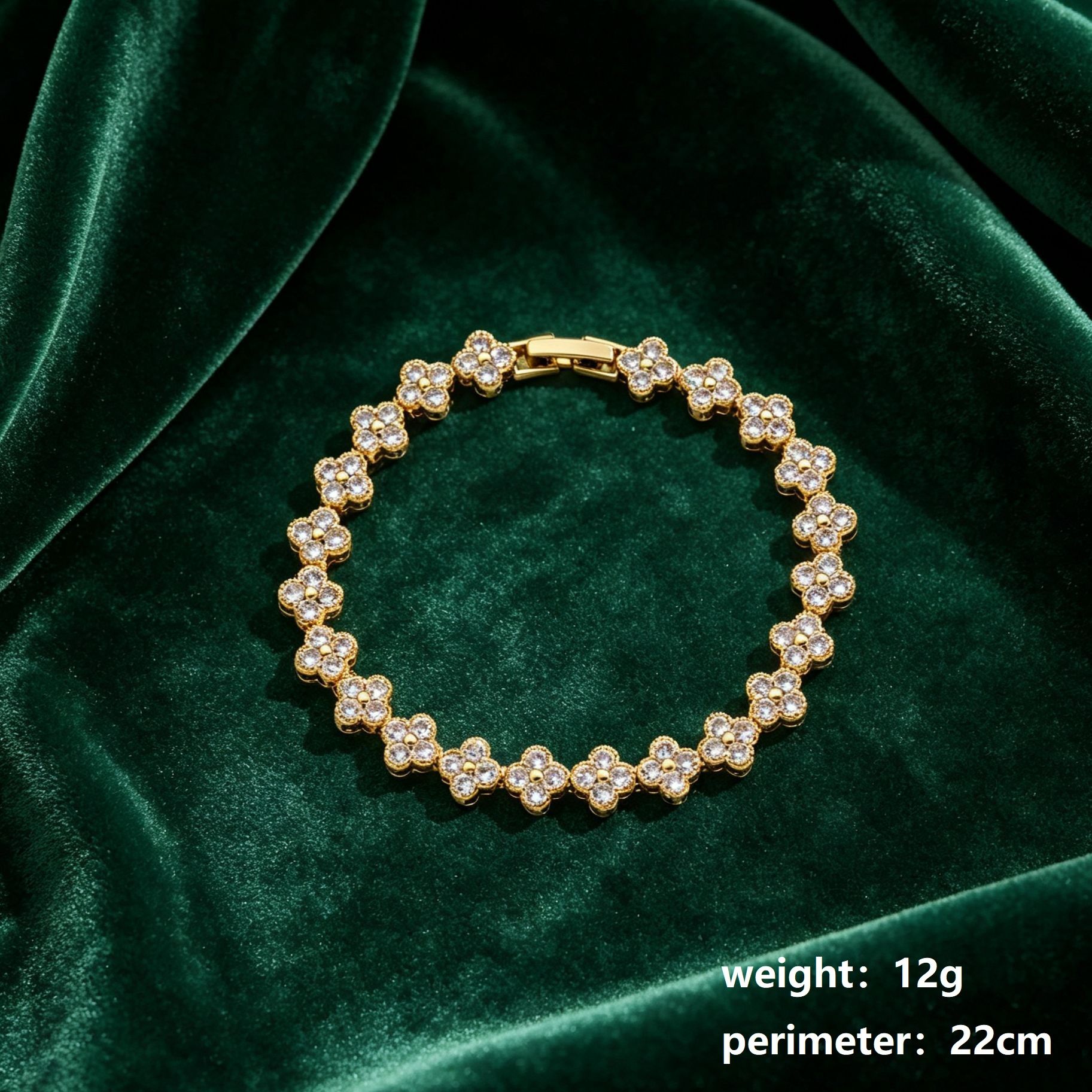 Gold and White Four-Leaf Clover Zircon Bracelet - Gold-Tone Alloy Lucky Charm view 3