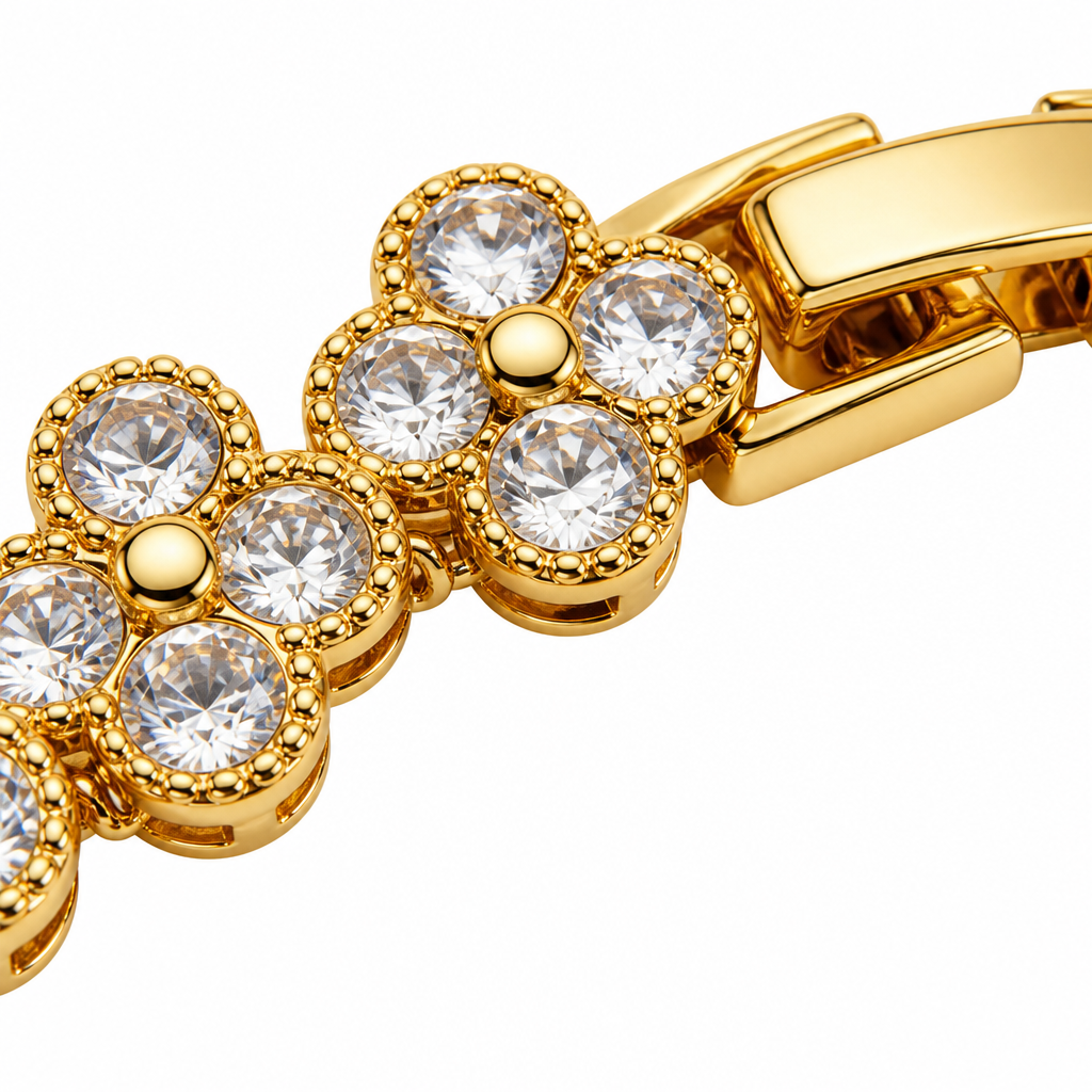 Gold and White Four-Leaf Clover Zircon Bracelet - Gold-Tone Alloy Lucky Charm view 4