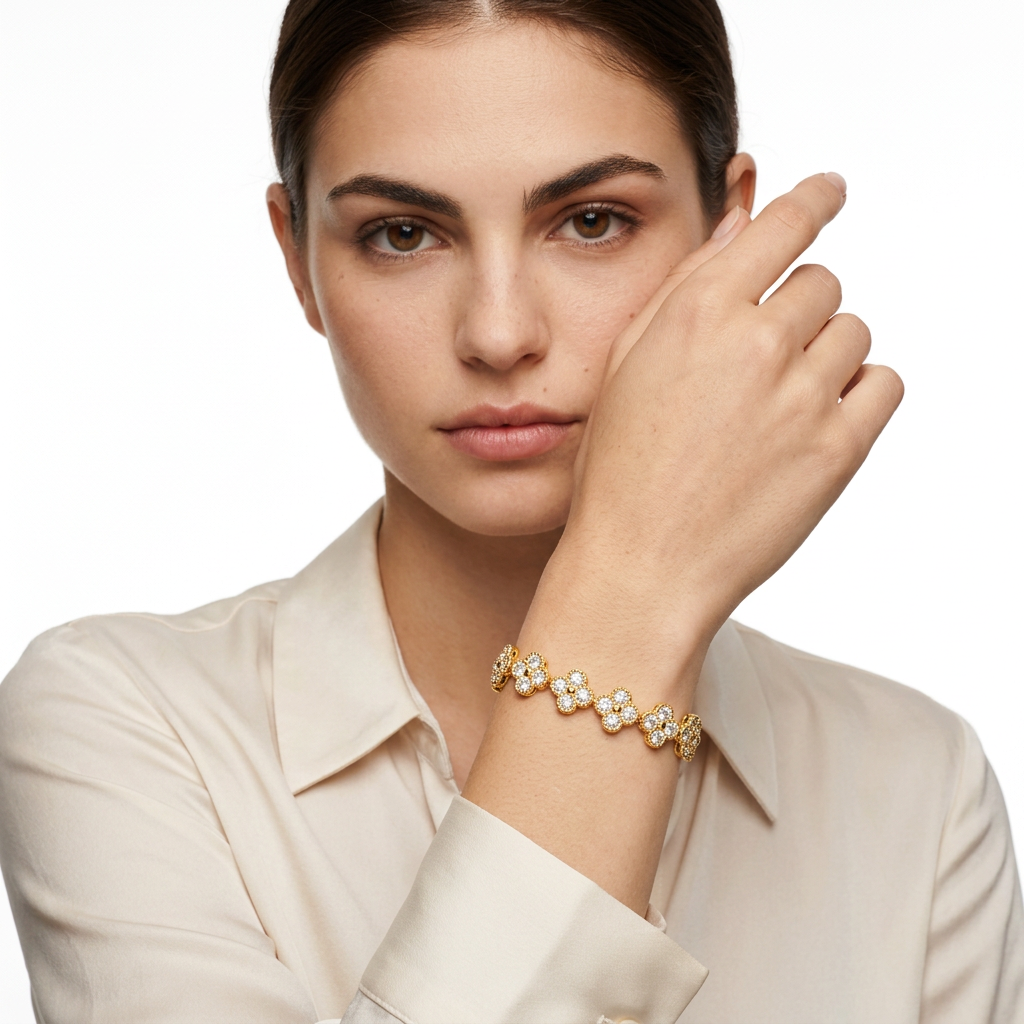 Gold and White Four-Leaf Clover Zircon Bracelet - Gold-Tone Alloy Lucky Charm view 6