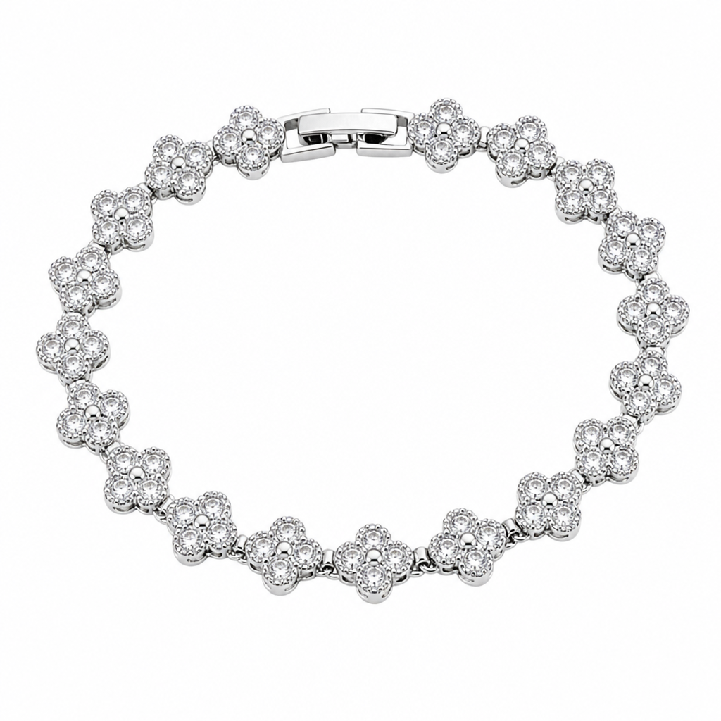 Silver and White Four-Leaf Clover Zircon Bracelet - Gold-Tone Alloy Lucky view 2