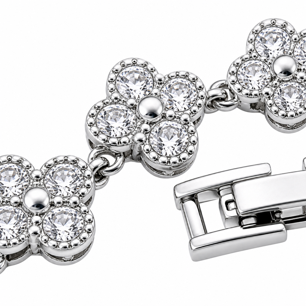 Silver and White Four-Leaf Clover Zircon Bracelet - Gold-Tone Alloy Lucky view 4