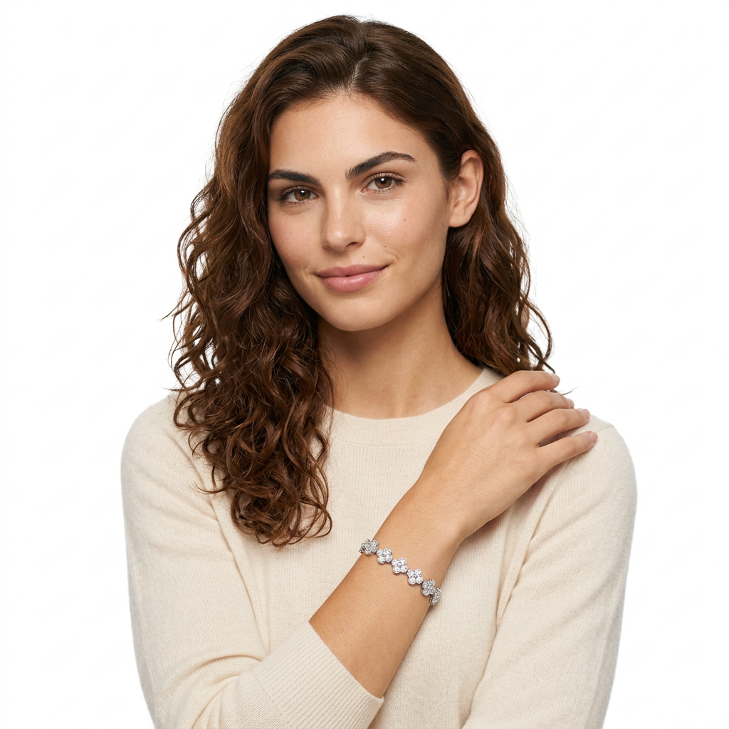 Silver and White Four-Leaf Clover Zircon Bracelet - Gold-Tone Alloy Lucky view 5