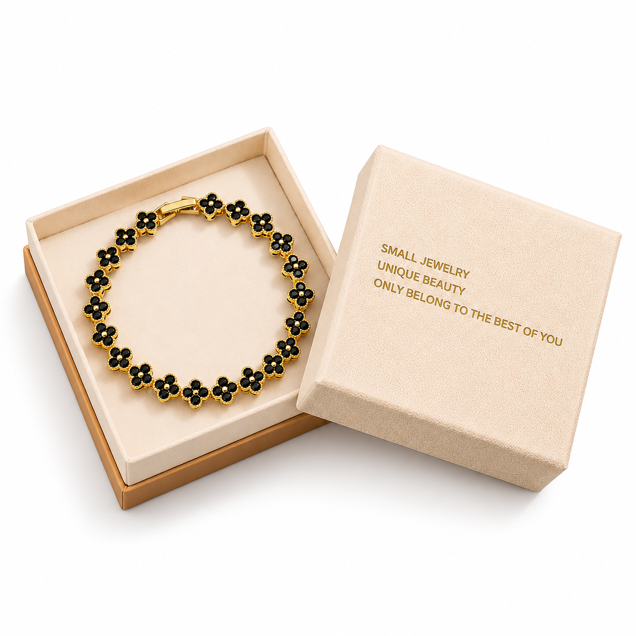 Gold and Black Four-Leaf Clover Zircon Bracelet - Gold-Tone Alloy Lucky Charm