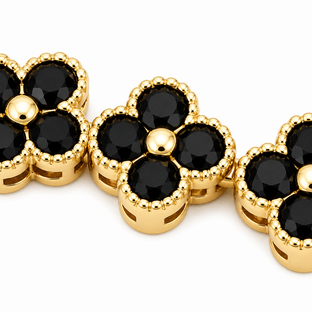 Gold and Black Four-Leaf Clover Zircon Bracelet - Gold-Tone Alloy Lucky Charm view 4