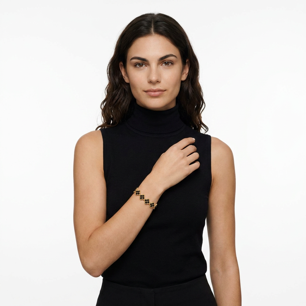 Gold and Black Four-Leaf Clover Zircon Bracelet - Gold-Tone Alloy Lucky Charm view 5