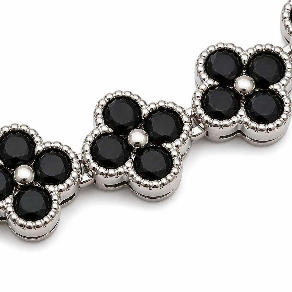 Silver and Black Four-Leaf Clover Zircon Bracelet - Gold-Tone Alloy Lucky view 4