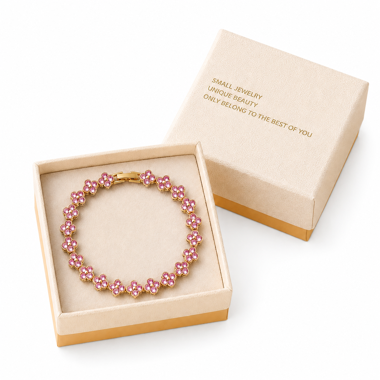 Gold and Pink Four-Leaf Clover Zircon Bracelet - Gold-Tone Alloy Lucky Charm