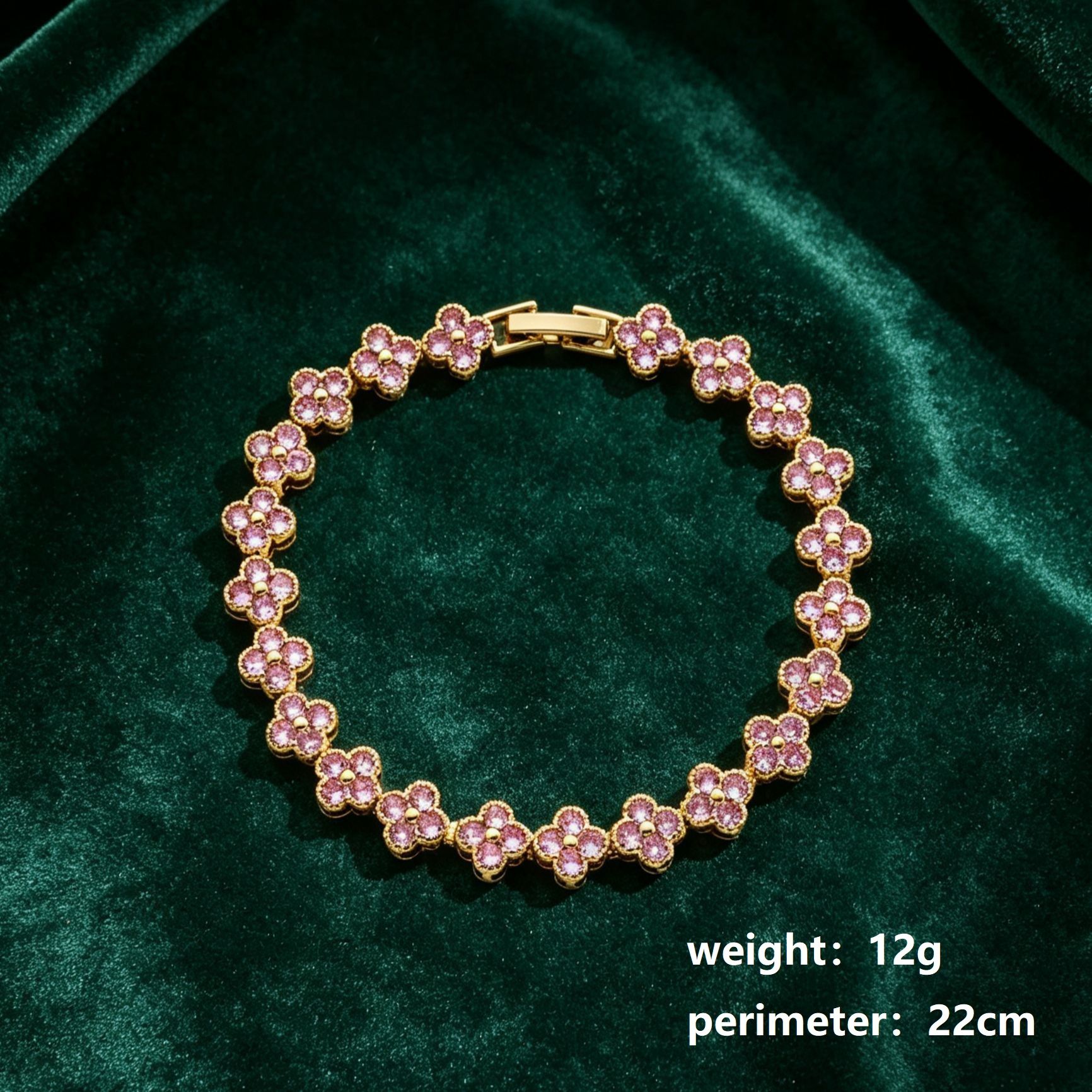 Gold and Pink Four-Leaf Clover Zircon Bracelet - Gold-Tone Alloy Lucky Charm view 3