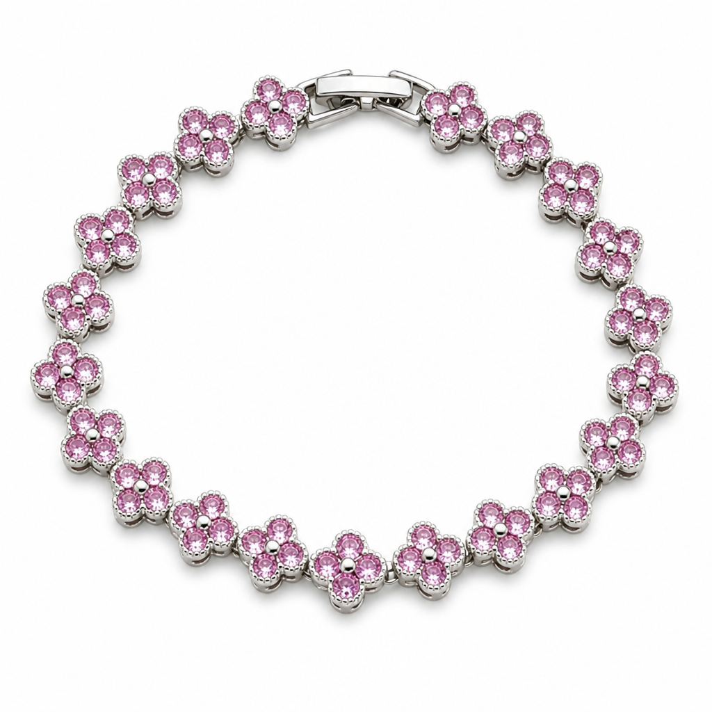 Silver and Pink Four-Leaf Clover Zircon Bracelet - Gold-Tone Alloy Lucky Charm view 2