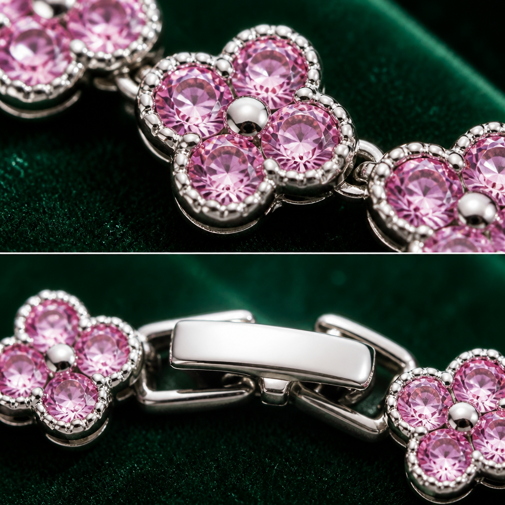 Silver and Pink Four-Leaf Clover Zircon Bracelet - Gold-Tone Alloy Lucky Charm view 4