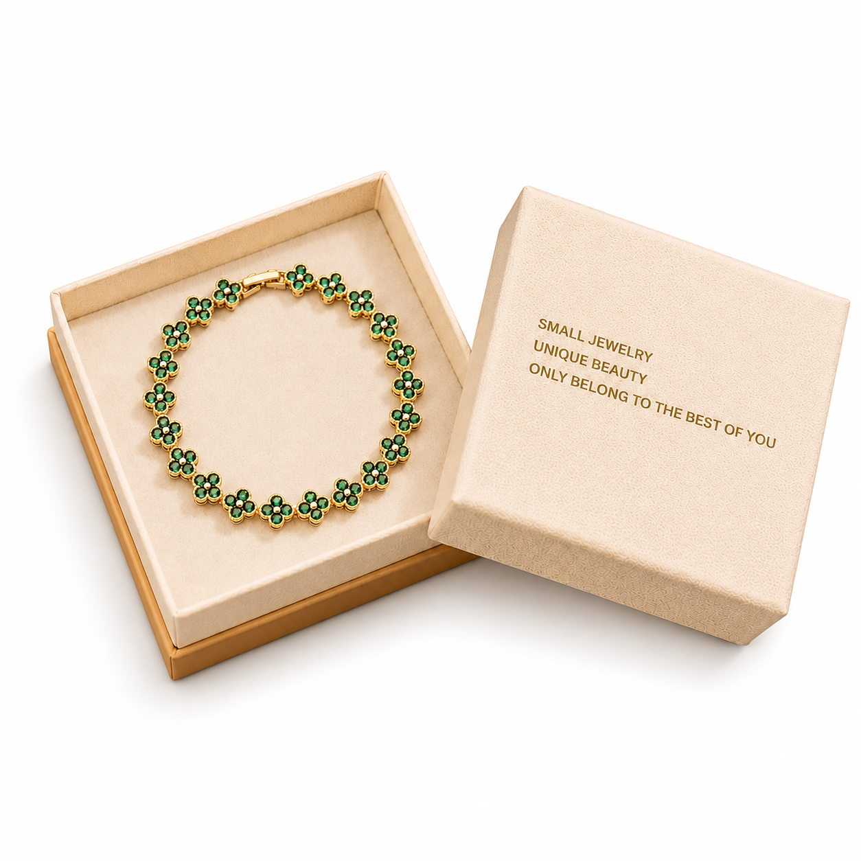 Gold and Green Four-Leaf Clover Zircon Bracelet - Gold-Tone Alloy Lucky Charm