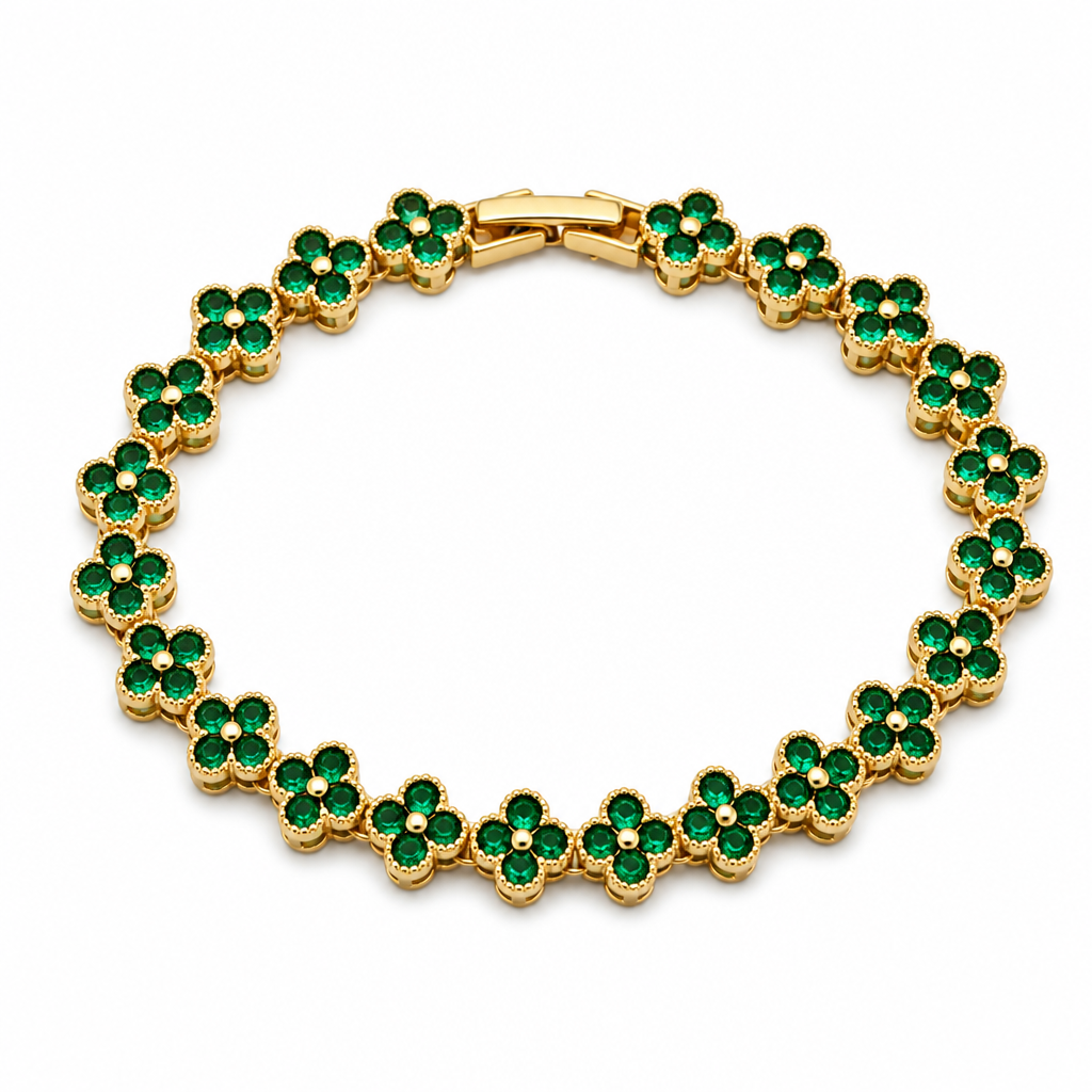 Gold and Green Four-Leaf Clover Zircon Bracelet - Gold-Tone Alloy Lucky Charm view 2