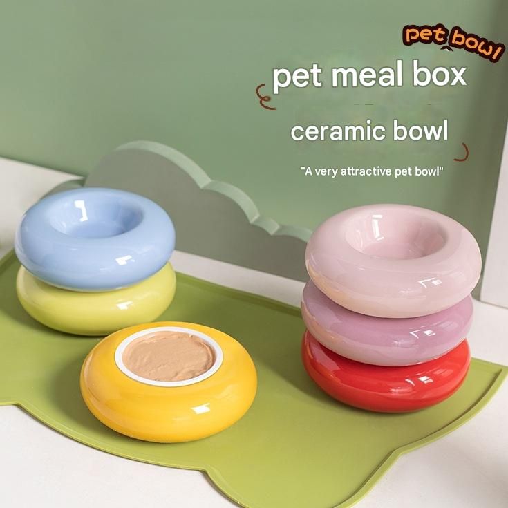 Yellow Ceramic Pet Donut Bowl - 50ml Food Dish for Cats and Small Dogs - Non view 2