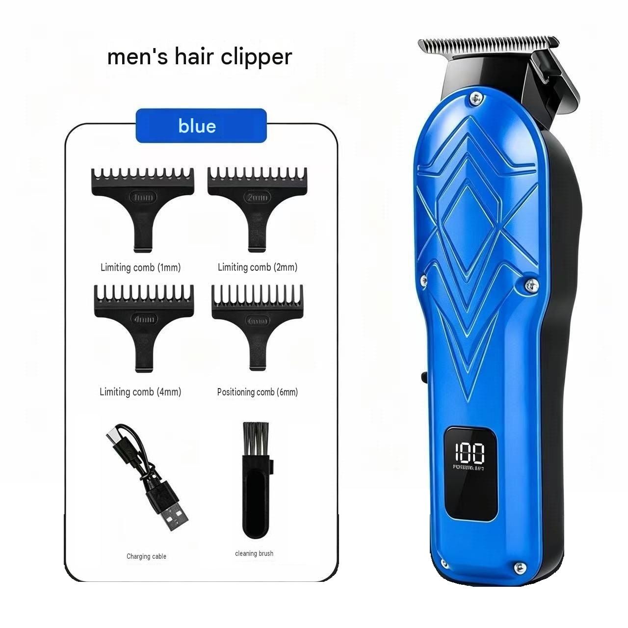 Blue Men's Electric Hair Trimmer Kit - Titanium Alloy Blade