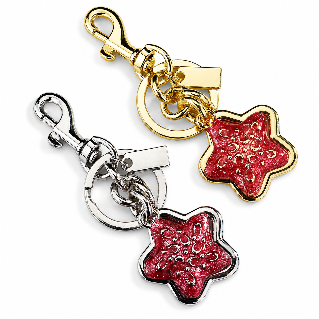 Star pattern Keychain Bag Charm Silvery and Golden(Pack of 2)- Metal Alloy