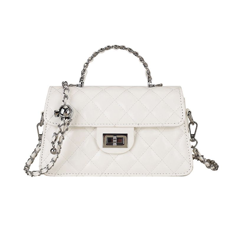 White Quilted Chain Shoulder Bag - PU Leather Small Square Crossbody
