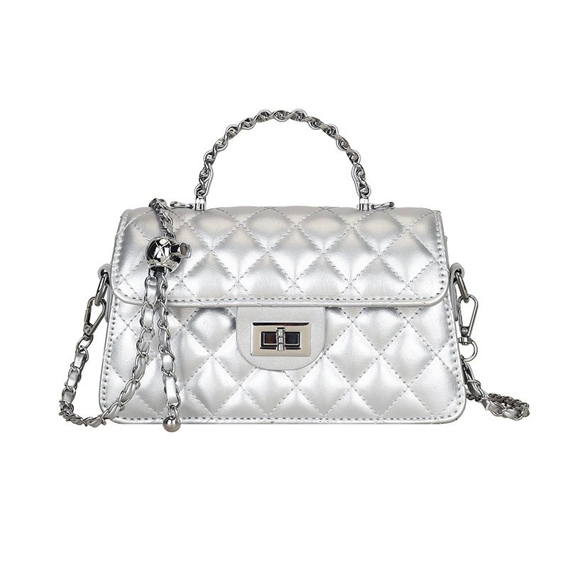 Silvery Quilted Chain Shoulder Bag - PU Leather Small Square Crossbody