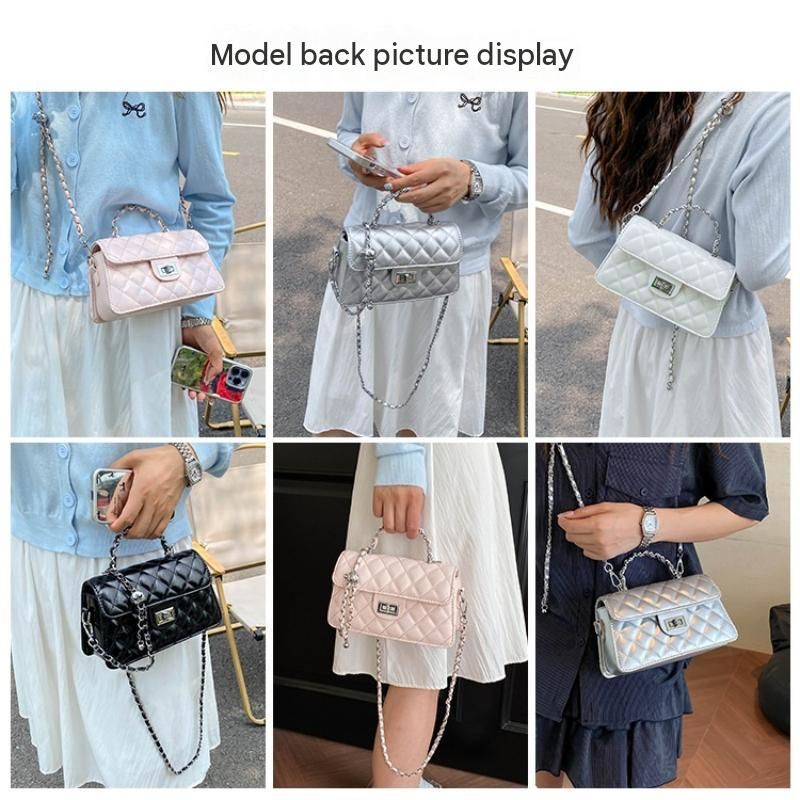Silvery Quilted Chain Shoulder Bag - PU Leather Small Square Crossbody view 6