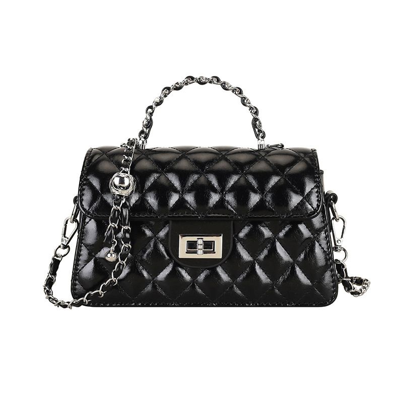 Black Quilted Chain Shoulder Bag - PU Leather Small Square Crossbody