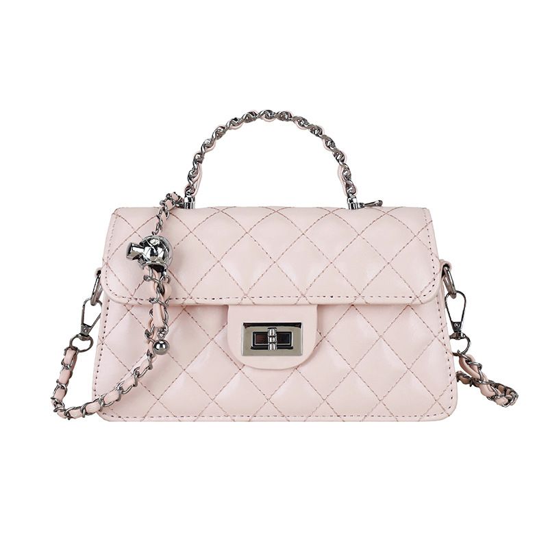Pink Quilted Chain Shoulder Bag - PU Leather Small Square Crossbody