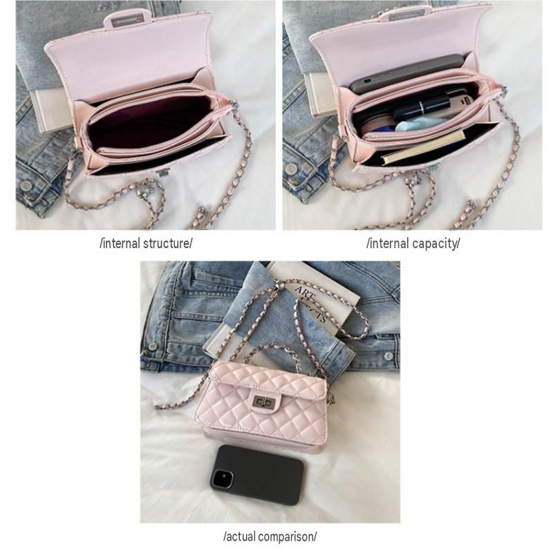 Pink Quilted Chain Shoulder Bag - PU Leather Small Square Crossbody view 5