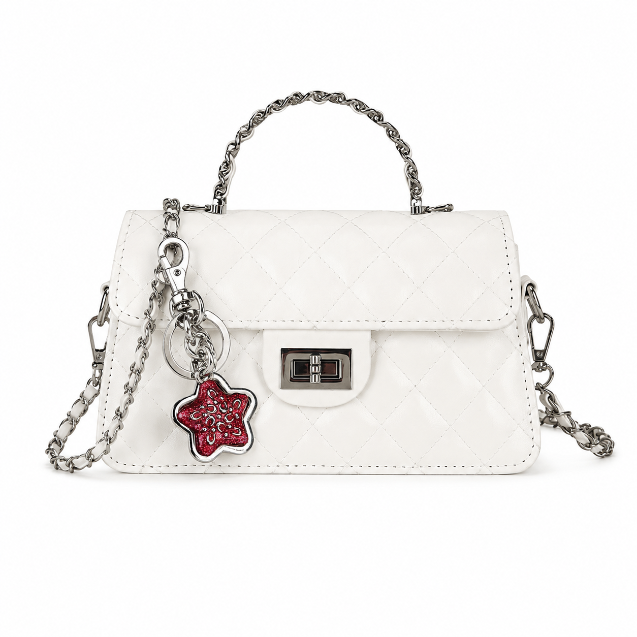 White Quilted Chain Shoulder Bag with Silvery Star Charm - PU Leather Small