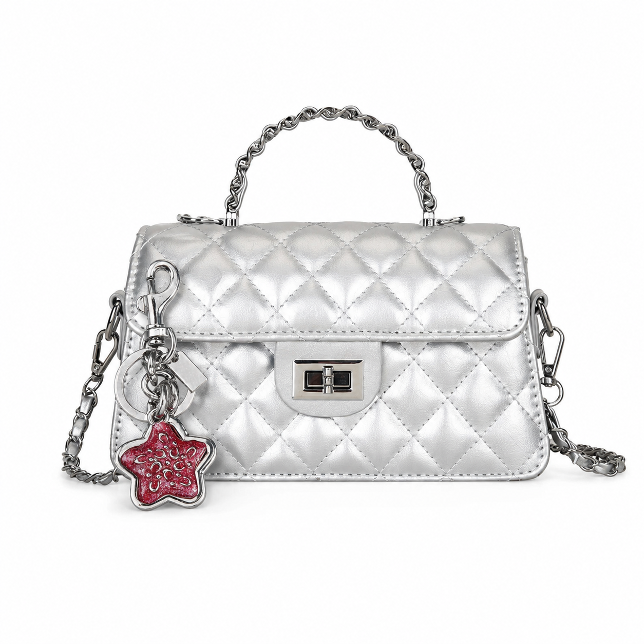 SilveryQuilted Chain Shoulder Bag with Silvery Star Charm - PU Leather Small
