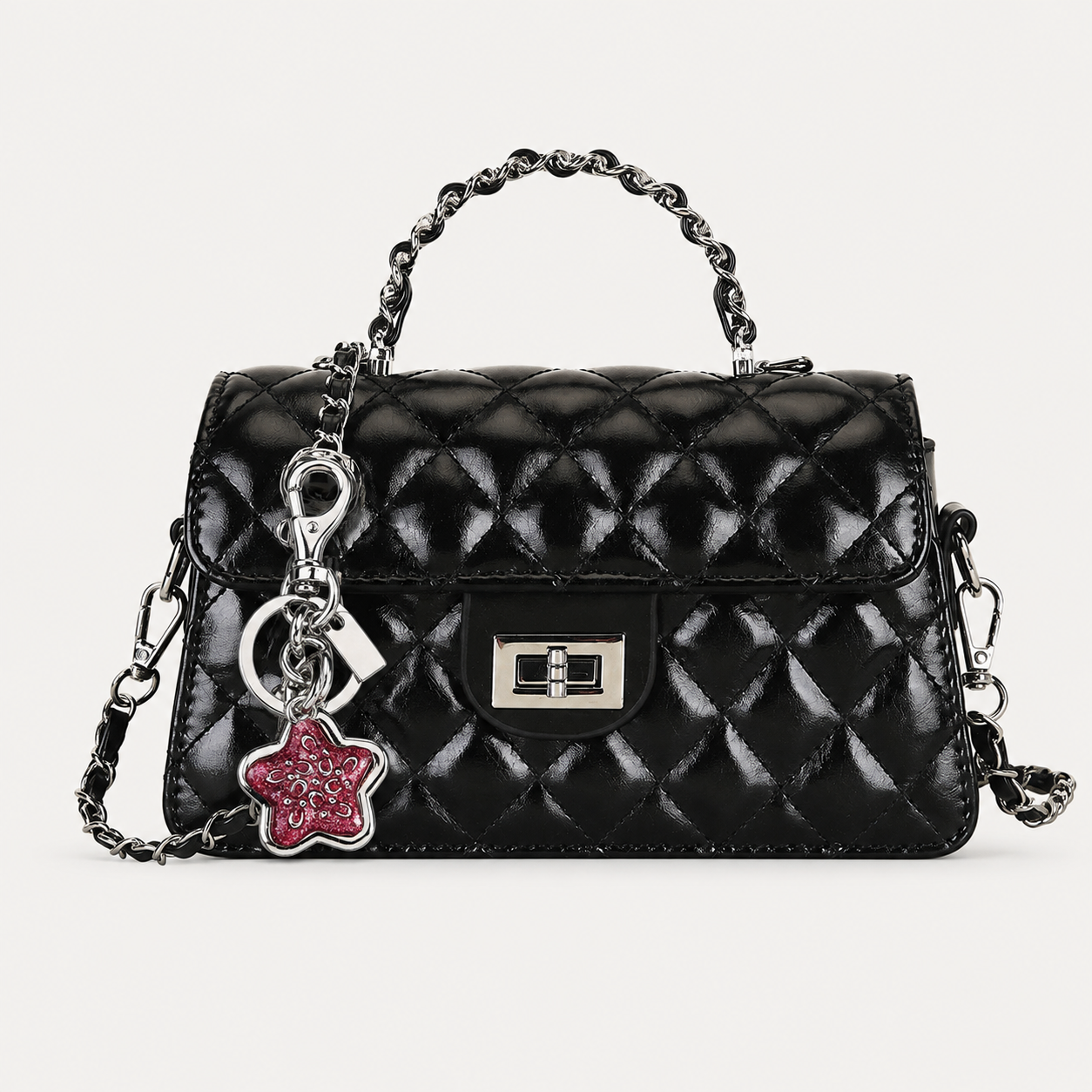 Black Quilted Chain Shoulder Bag with Silvery Star Charm - PU Leather Small