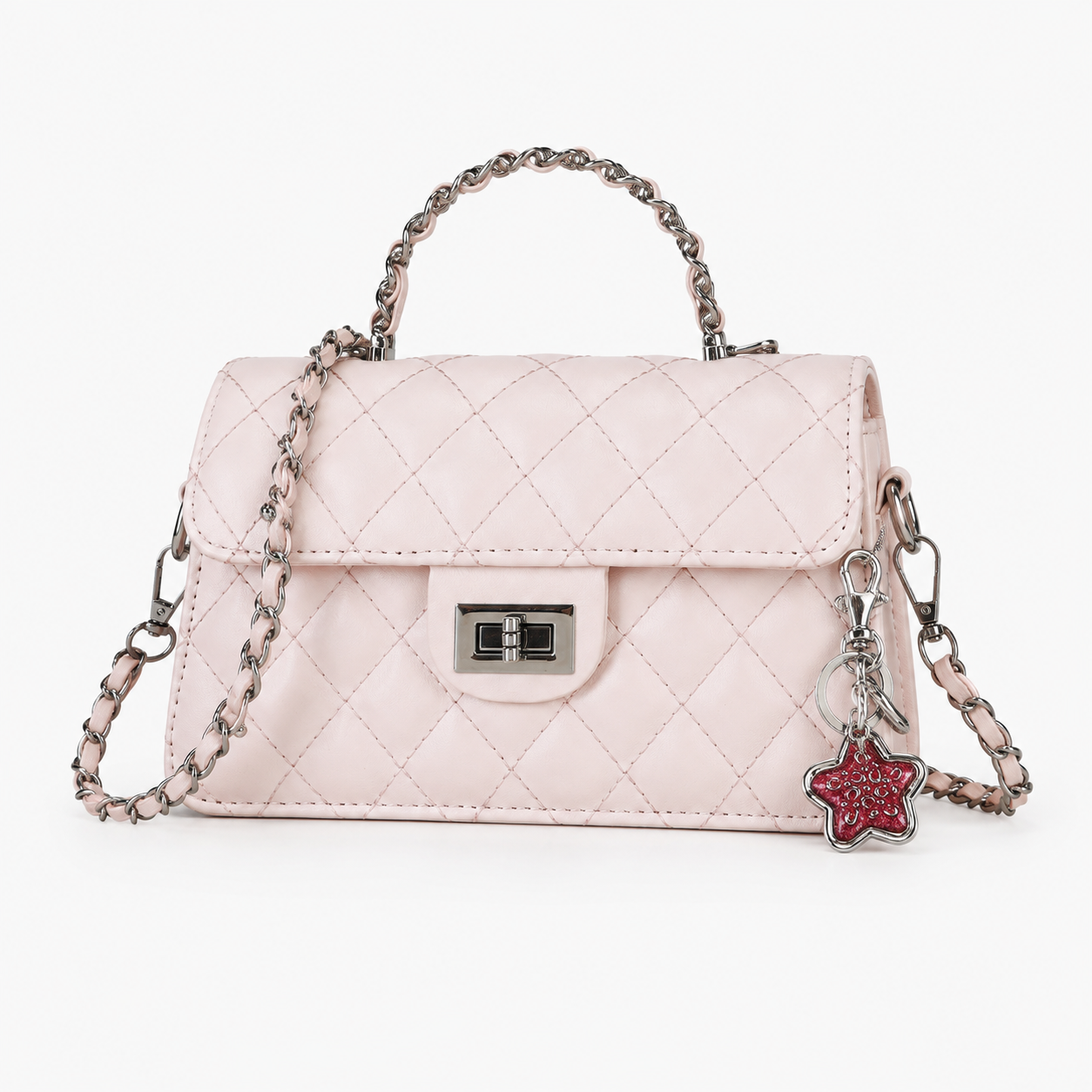 Pink Quilted Chain Shoulder Bag with Silvery Star Charm - PU Leather Small