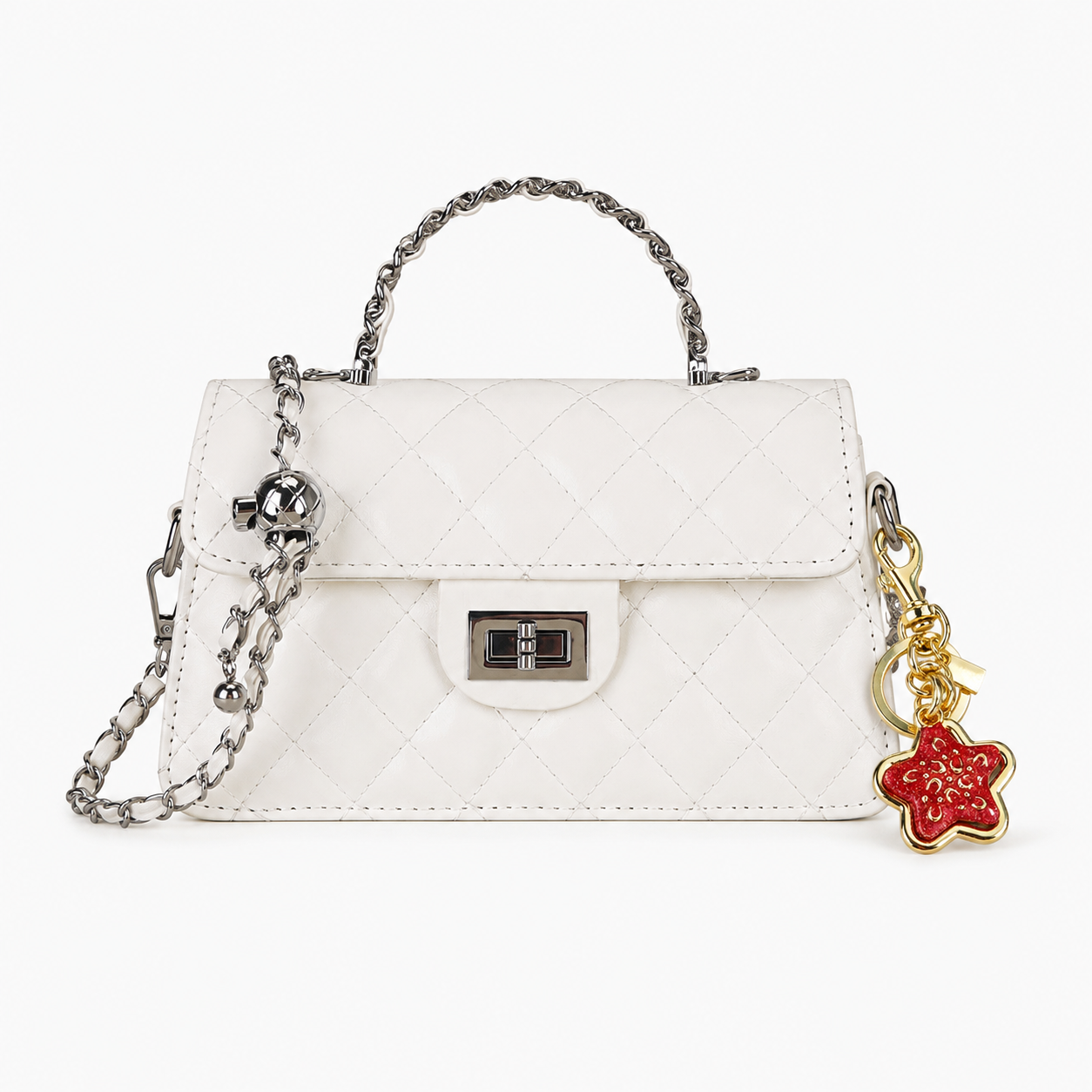 White Quilted Chain Shoulder Bag with Golden Star Charm - PU Leather Small