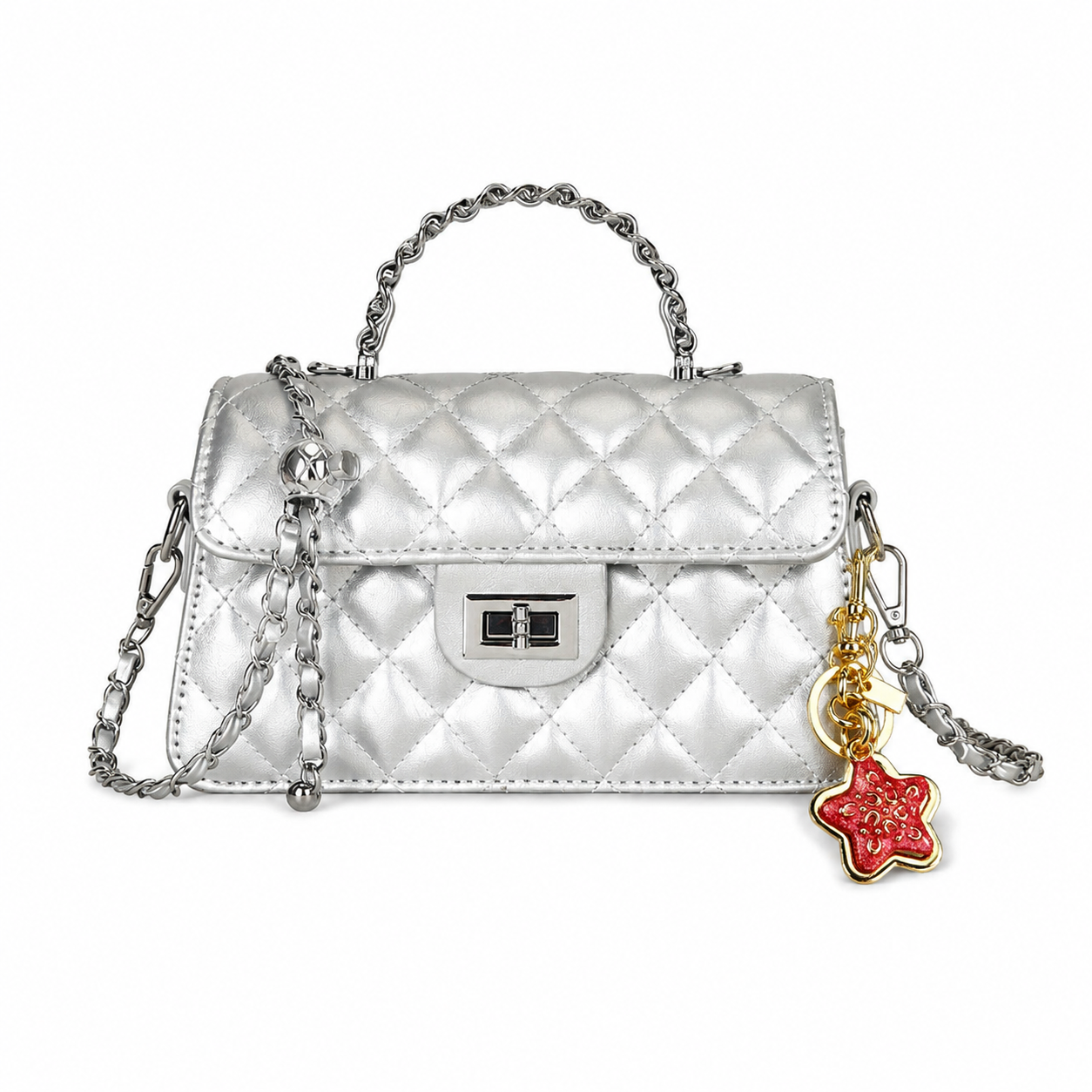 Silvery Quilted Chain Shoulder Bag with Golden Star Charm - PU Leather Small