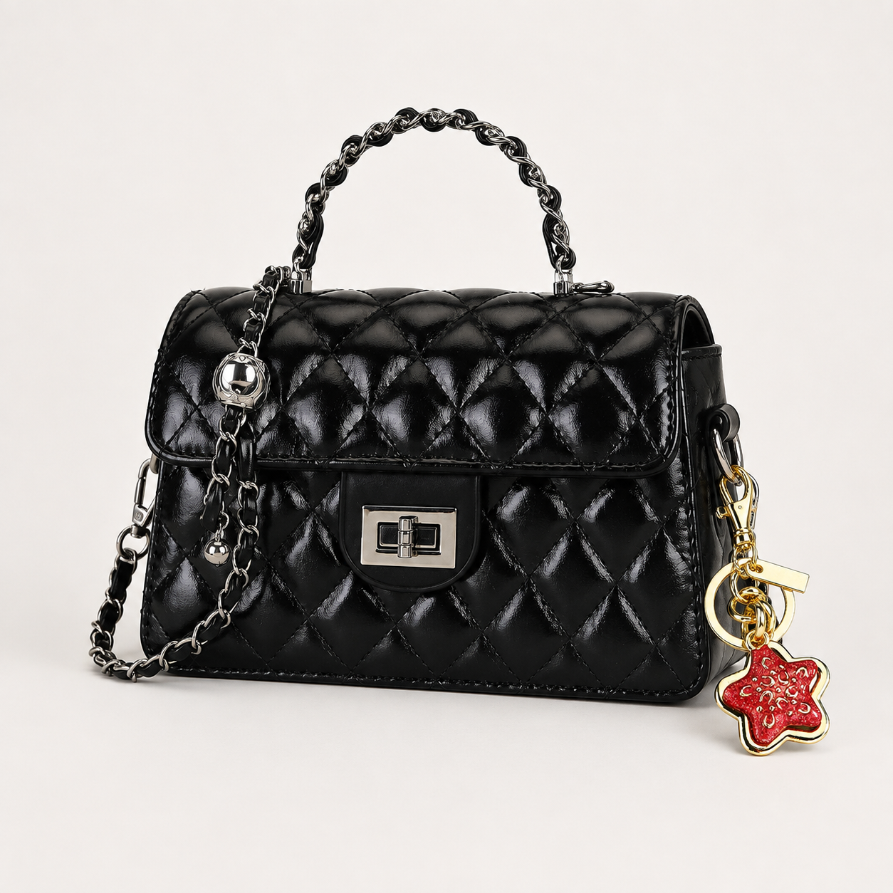 Black Quilted Chain Shoulder Bag with Golden Star Charm - PU Leather Small