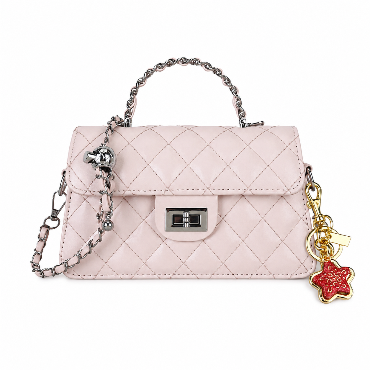 Pink Quilted Chain Shoulder Bag with Golden Star Charm - PU Leather Small