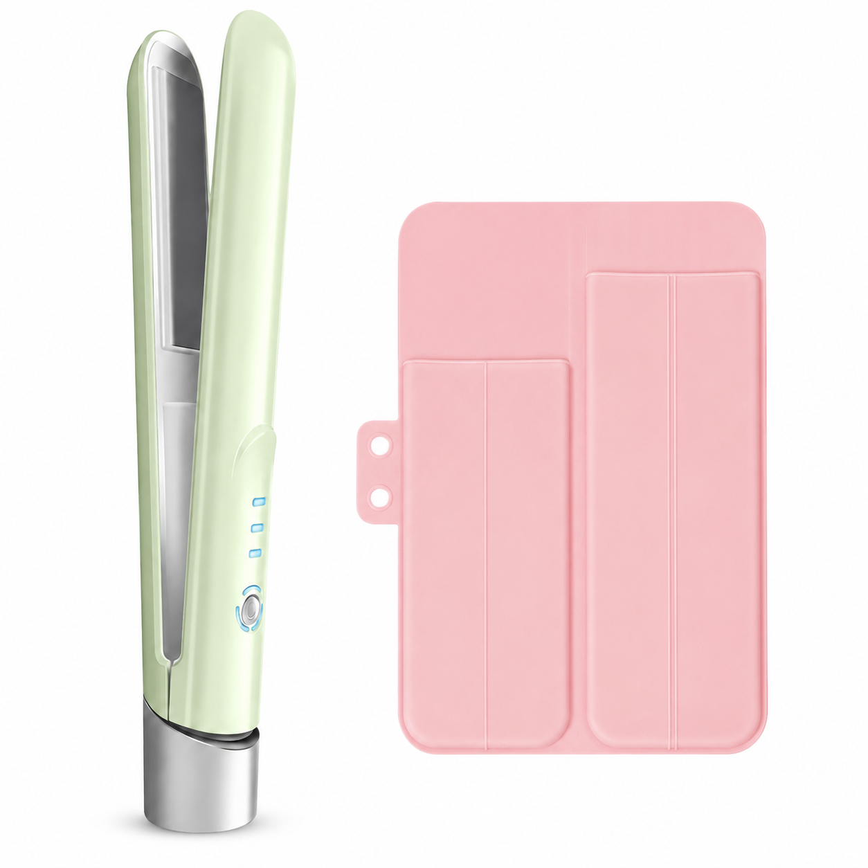 Green Cordless Mini Hair Straightener and Pink Curler and Heat Resistant