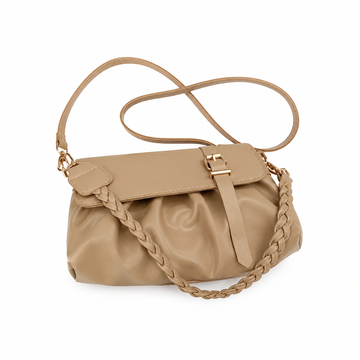 Khaki Trendy Pleated PU Leather Crossbody Bag - 24x13x7cm Compact Shoulder Bag