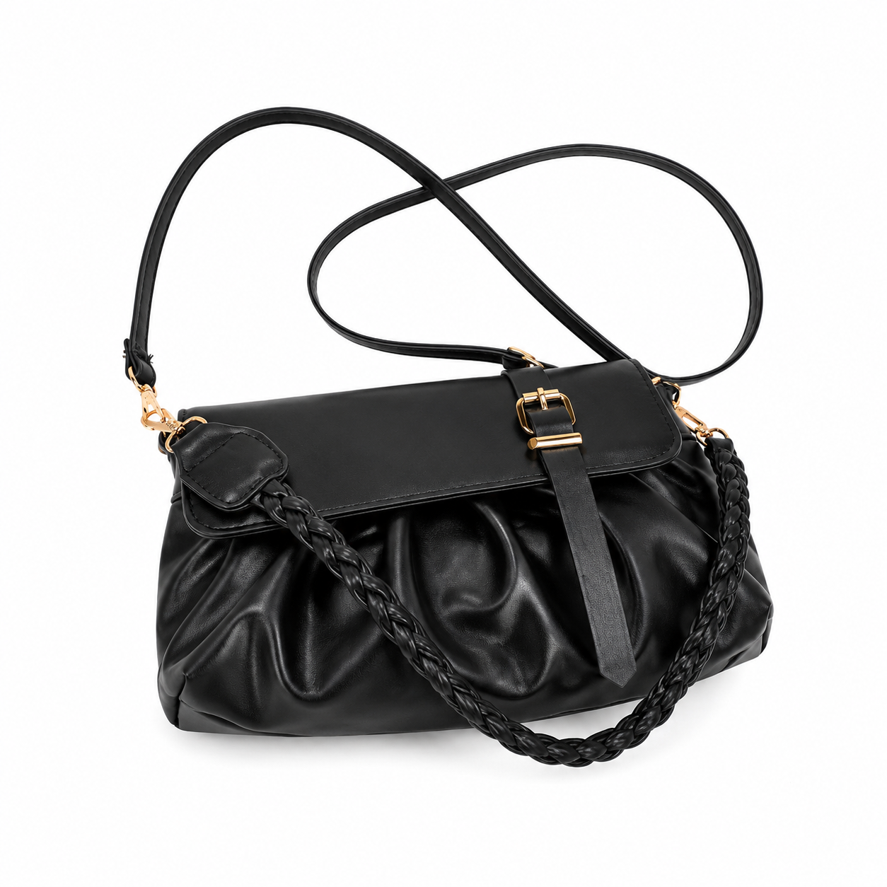 Black Trendy Pleated PU Leather Crossbody Bag - 24x13x7cm Compact Shoulder Bag