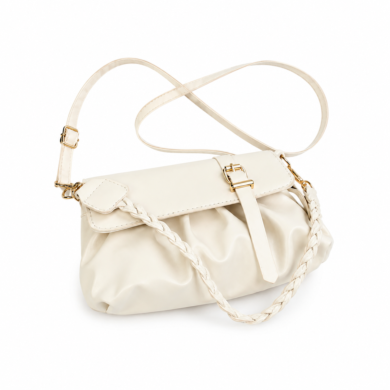 Beige Trendy Pleated PU Leather Crossbody Bag - 24x13x7cm Compact Shoulder Bag